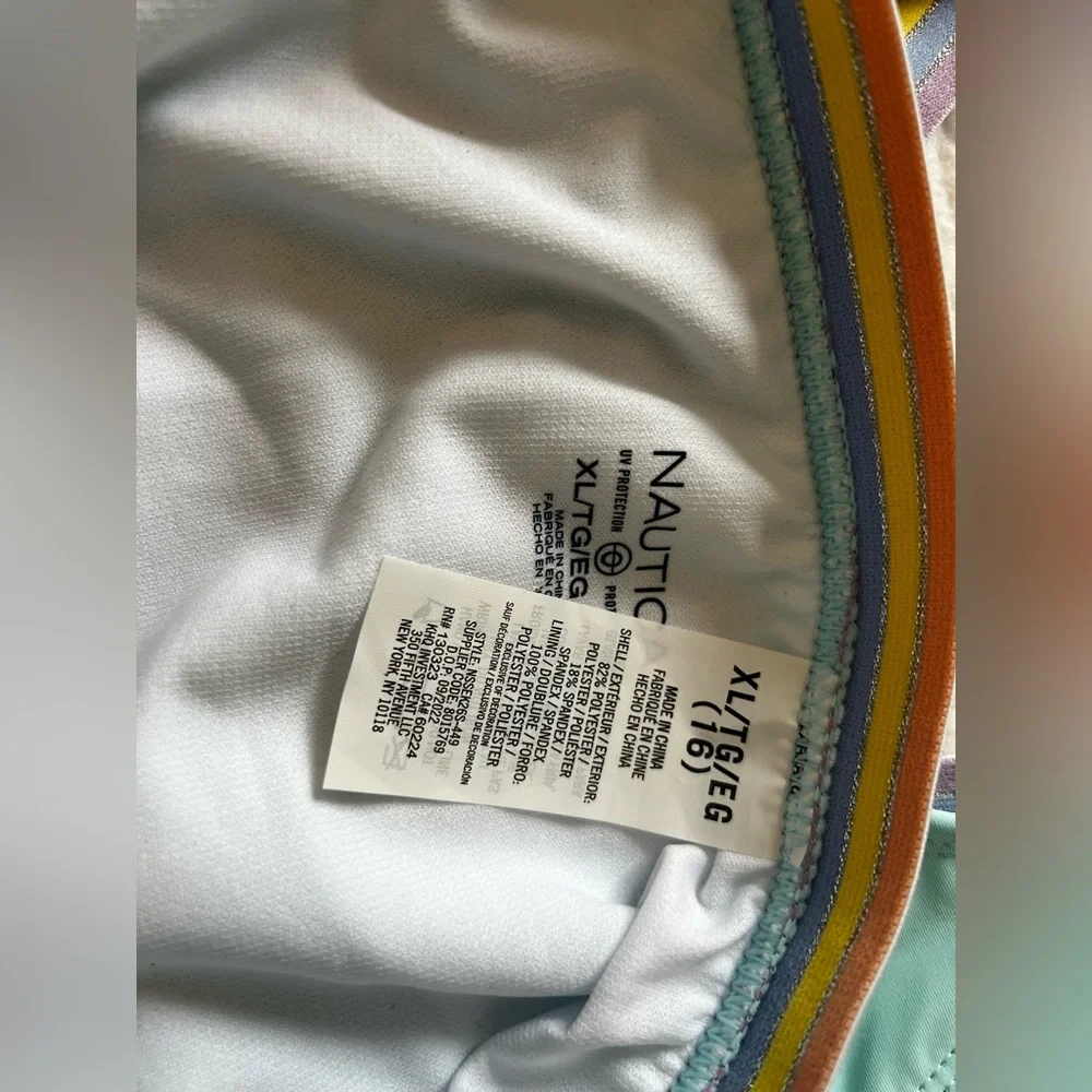 Nautica Girls' Two-piece‎ Swimsuit Set Aqua Blue with Rainbow Striped Straps XL